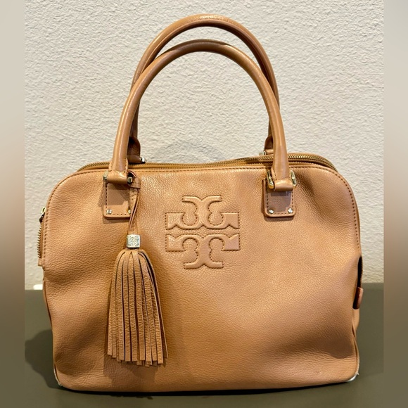 Tory Burch Handbags - Tory Burch Thea Triple Zip Satchel Camel Handbag Leather Purse Gold Hardware